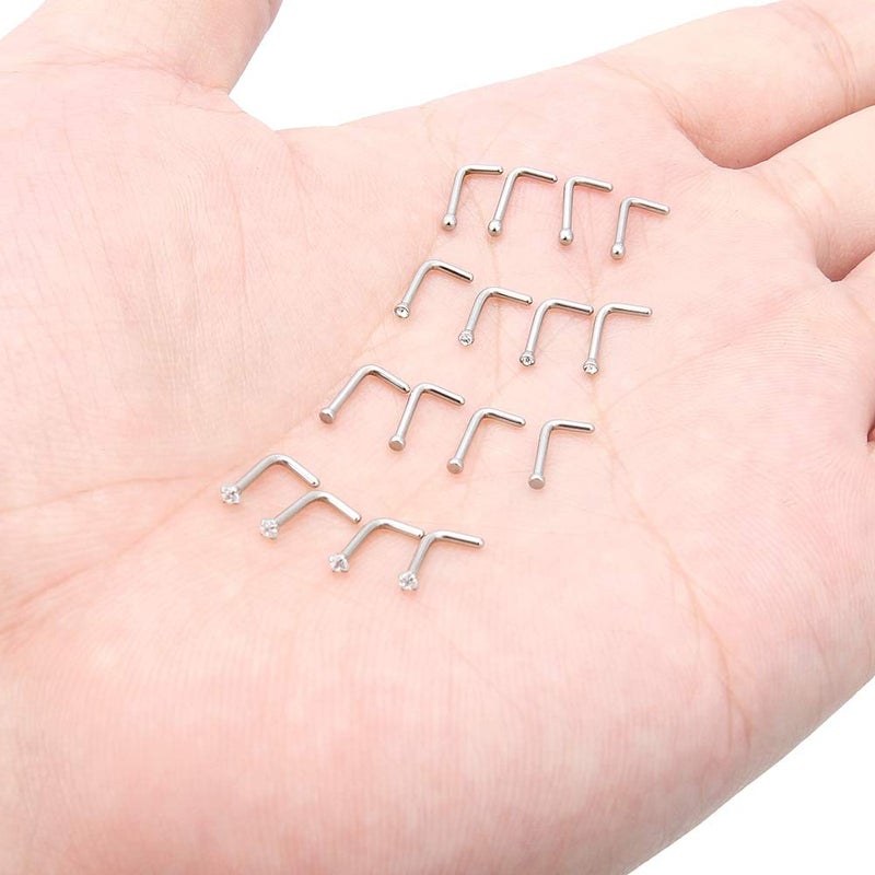 Hoeudjo خواتم أنف هويدجو على شكل حرف L، دبابيس أنف من الفولاذ الجراحي 18G 1.5MM، حلقة أنف كريستالية شفافة، مجوهرات ثقب الجسم للنساء والرجال، لون فضي، 16 قطعة - Image 3
